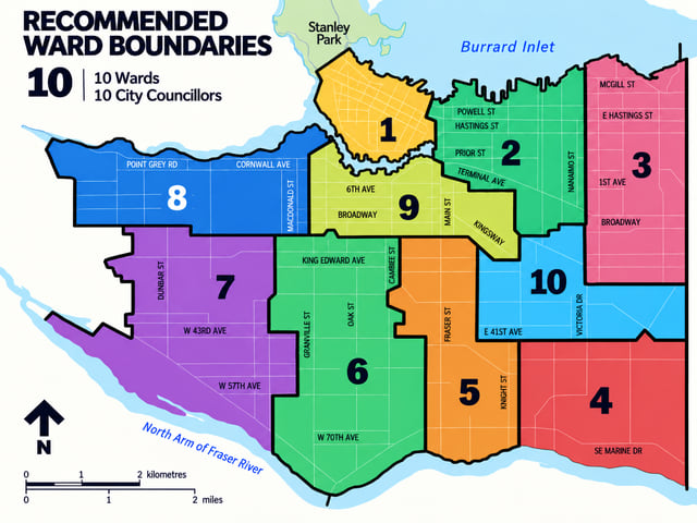 A map of Vancouver divided into ten wards, numbered 1 to 10.